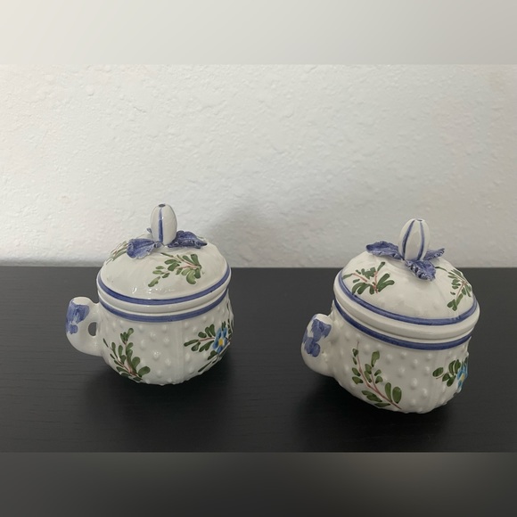 Vintage  2 Piece Italy Floral Ceramica Sugar Set White/Blue/Green/ Yellow. - Picture 2 of 6